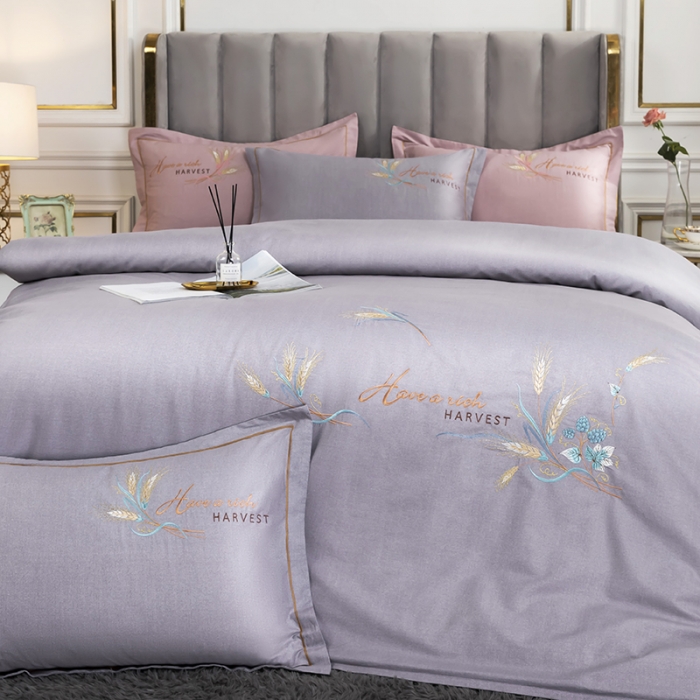 91家纺网 家纺一手货源 找家纺 U品汇 60s贡缎长绒棉刺绣全棉肌理纹绣花四件套麦穗-丁香紫