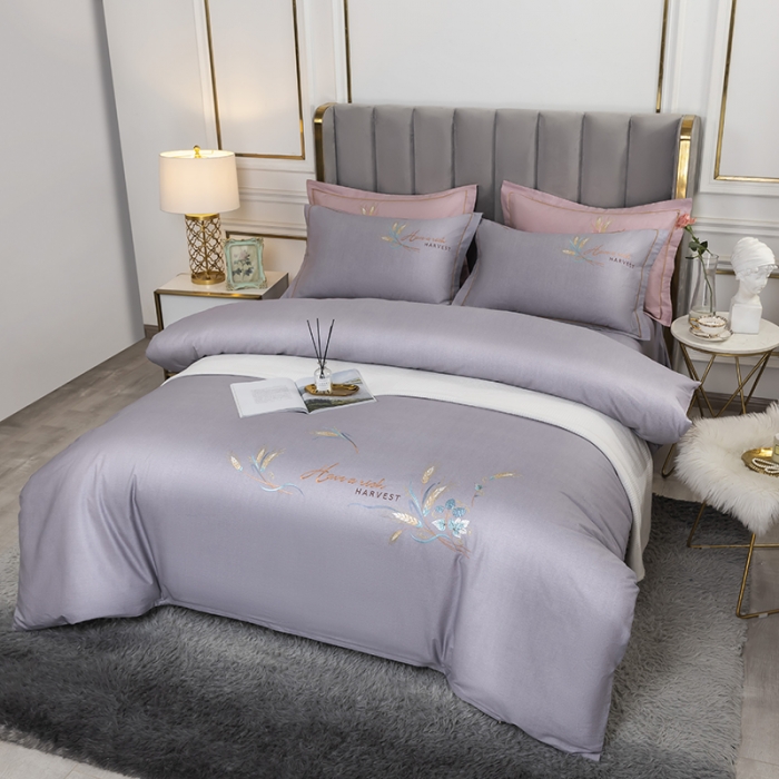 91家纺网 家纺一手货源 找家纺 U品汇 60s贡缎长绒棉刺绣全棉肌理纹绣花四件套麦穗-丁香紫