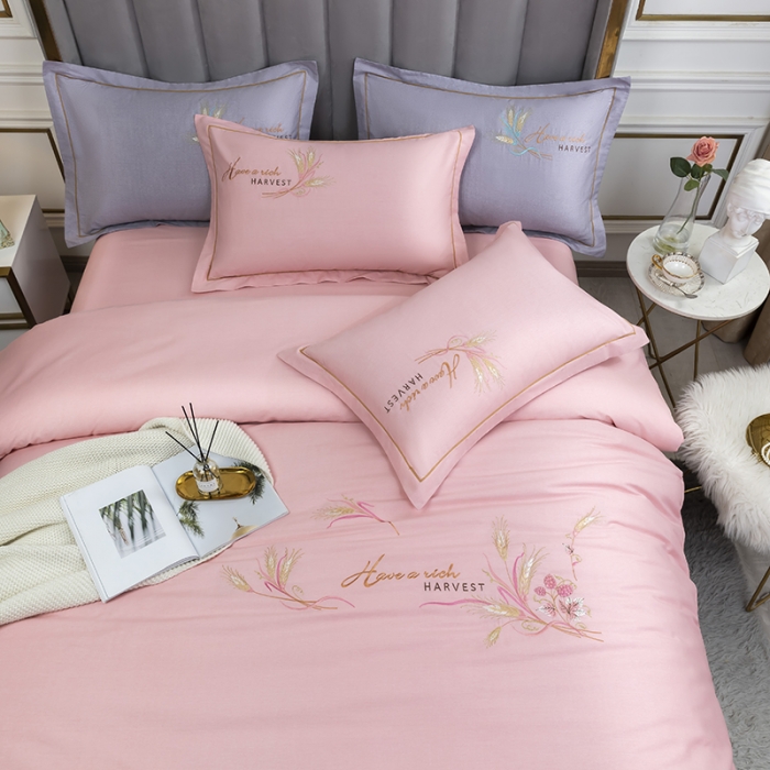 91家纺网 家纺一手货源 找家纺 U品汇 60s贡缎长绒棉刺绣全棉肌理纹绣花四件套 麦穗-粉玉