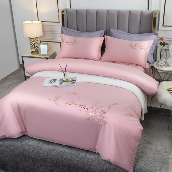 91家纺网 家纺一手货源 找家纺 U品汇 60s贡缎长绒棉刺绣全棉肌理纹绣花四件套 麦穗-粉玉