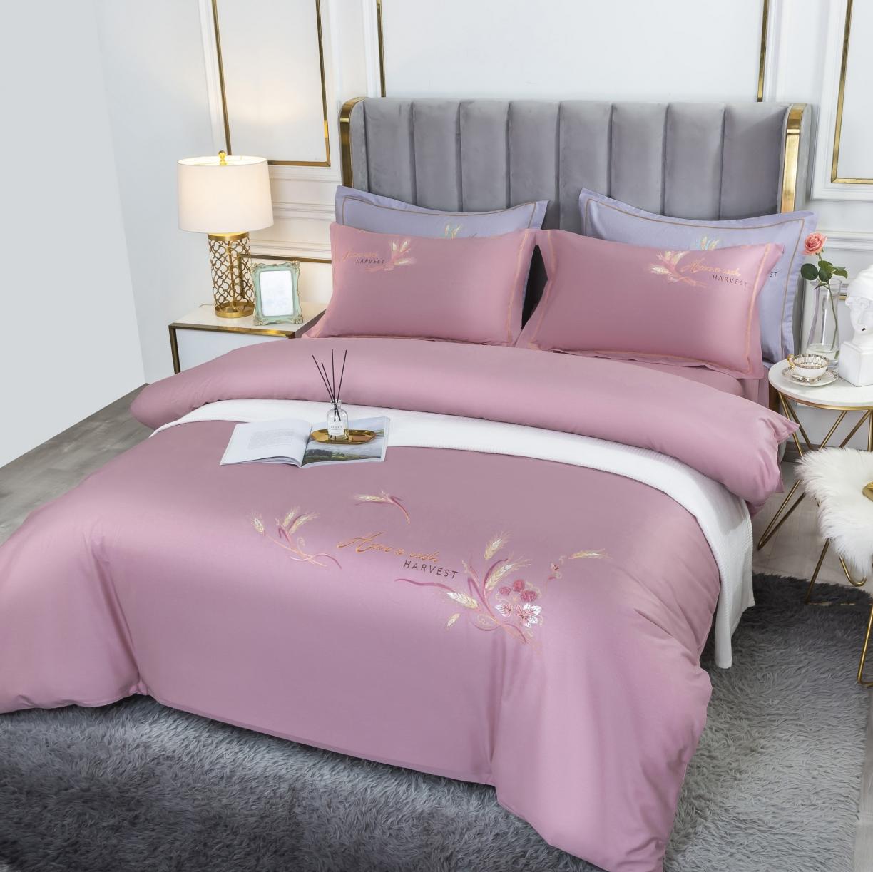 91家纺网 家纺一手货源 找家纺 U品汇 60s贡缎长绒棉刺绣全棉肌理纹绣花四件套麦穗-贵族粉