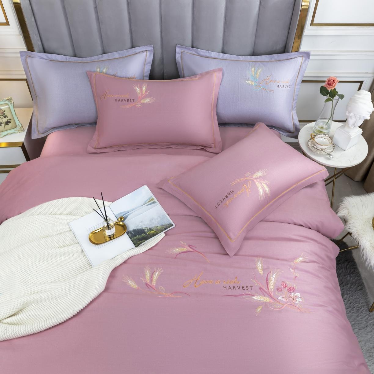 91家纺网 家纺一手货源 找家纺 U品汇 60s贡缎长绒棉刺绣全棉肌理纹绣花四件套麦穗-贵族粉