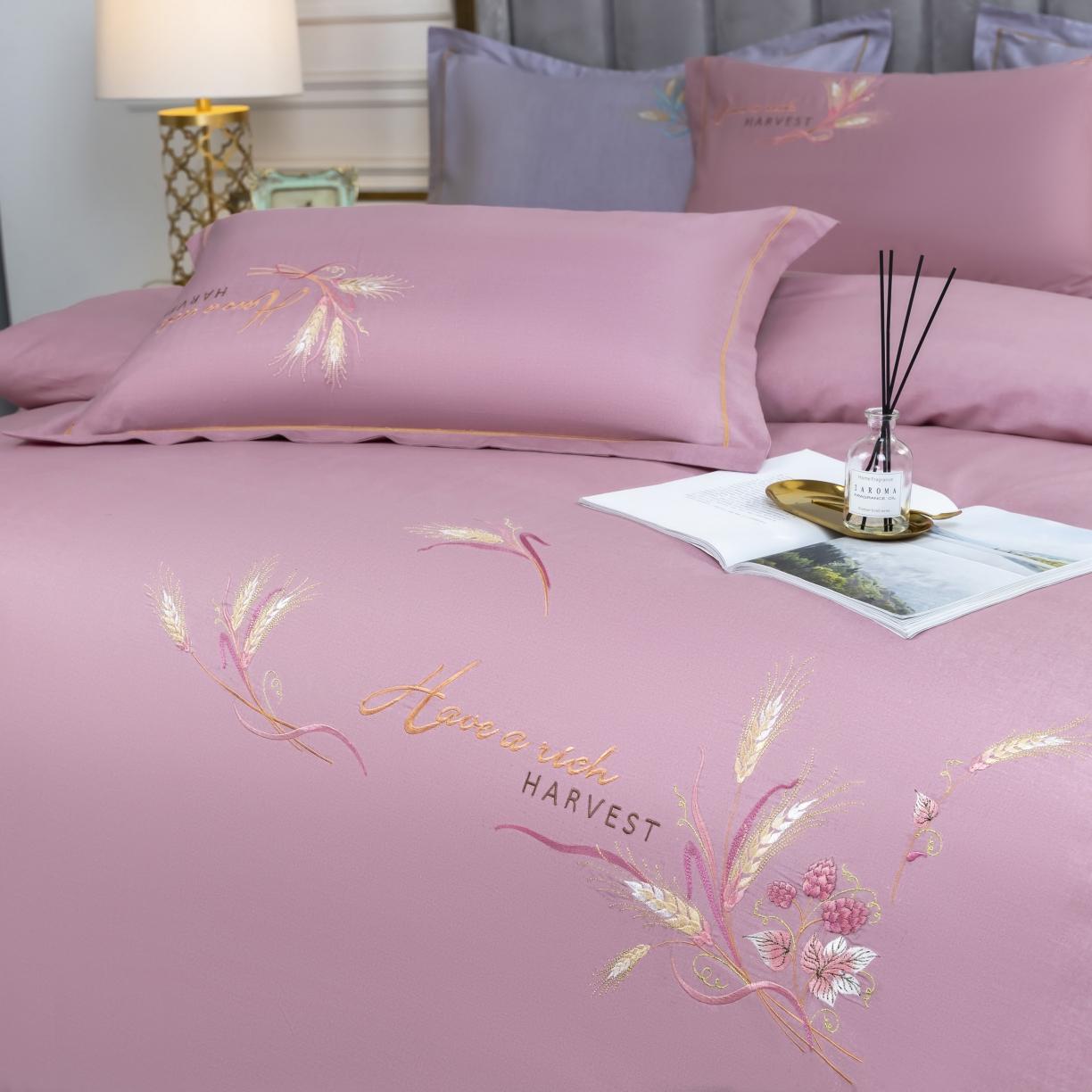 91家纺网 家纺一手货源 找家纺 U品汇 60s贡缎长绒棉刺绣全棉肌理纹绣花四件套麦穗-贵族粉