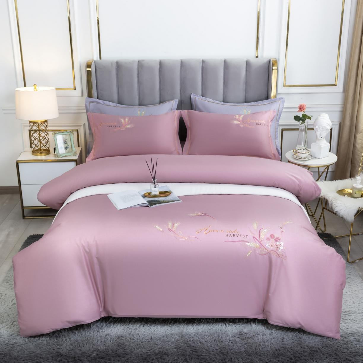 91家纺网 家纺一手货源 找家纺 U品汇 60s贡缎长绒棉刺绣全棉肌理纹绣花四件套麦穗-贵族粉