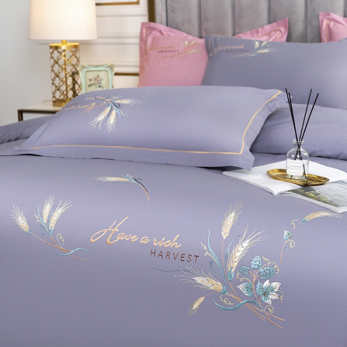 91家纺网 家纺一手货源 找家纺 U品汇 60s贡缎长绒棉刺绣全棉肌理纹绣花四件套麦穗-葡萄紫