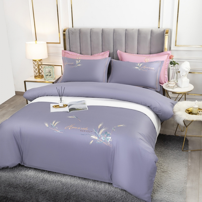 91家纺网 家纺一手货源 找家纺 U品汇 60s贡缎长绒棉刺绣全棉肌理纹绣花四件套麦穗-葡萄紫