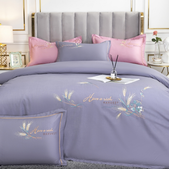 91家纺网 家纺一手货源 找家纺 U品汇 60s贡缎长绒棉刺绣全棉肌理纹绣花四件套麦穗-葡萄紫