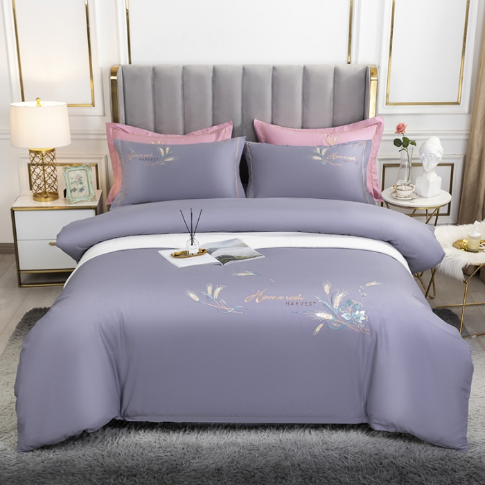 91家纺网 家纺一手货源 找家纺 U品汇 60s贡缎长绒棉刺绣全棉肌理纹绣花四件套麦穗-葡萄紫