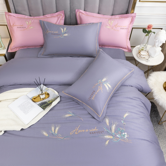 91家纺网 家纺一手货源 找家纺 U品汇 60s贡缎长绒棉刺绣全棉肌理纹绣花四件套麦穗-葡萄紫