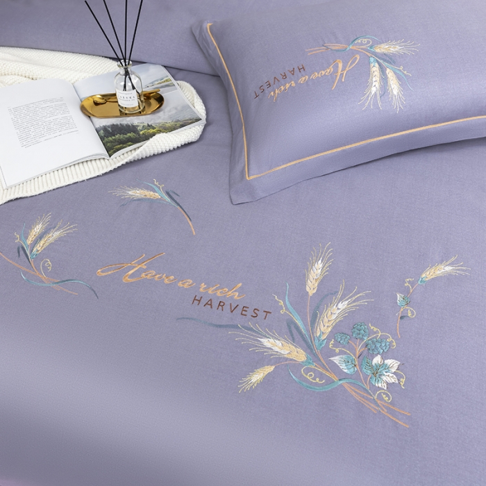 91家纺网 家纺一手货源 找家纺 U品汇 60s贡缎长绒棉刺绣全棉肌理纹绣花四件套麦穗-葡萄紫