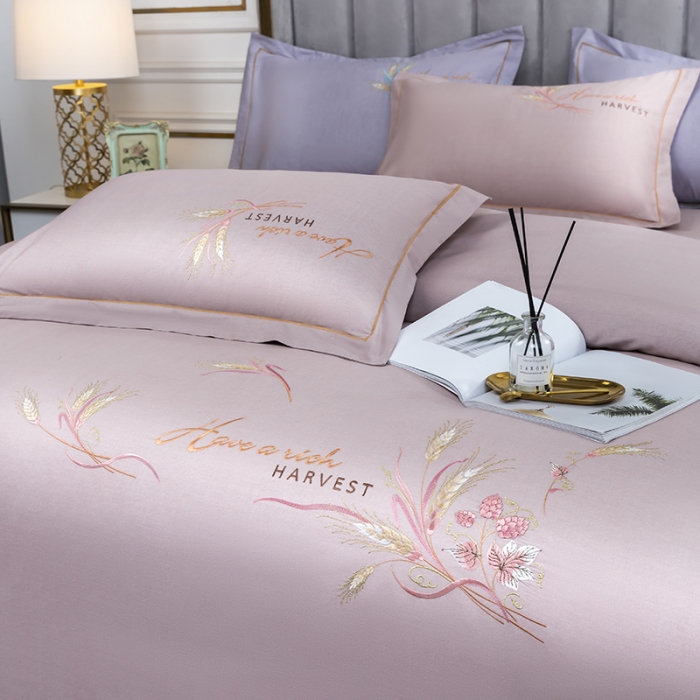 91家纺网 家纺一手货源 找家纺 U品汇 60s贡缎长绒棉刺绣全棉肌理纹绣花四件套麦穗-浅豆沙