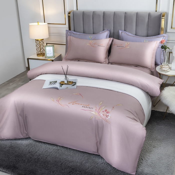 91家纺网 家纺一手货源 找家纺 U品汇 60s贡缎长绒棉刺绣全棉肌理纹绣花四件套麦穗-浅豆沙