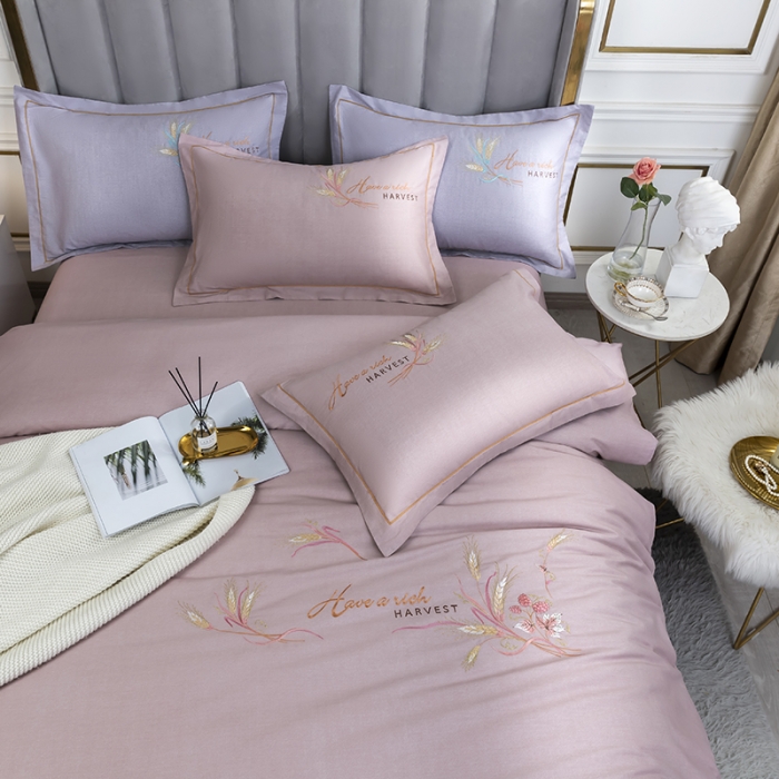 91家纺网 家纺一手货源 找家纺 U品汇 60s贡缎长绒棉刺绣全棉肌理纹绣花四件套麦穗-浅豆沙