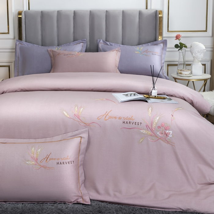 91家纺网 家纺一手货源 找家纺 U品汇 60s贡缎长绒棉刺绣全棉肌理纹绣花四件套麦穗-浅豆沙