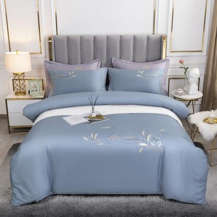 U品汇 60s贡缎长绒棉刺绣全棉肌理纹绣花四件套麦穗-天空蓝