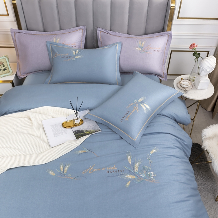 91家纺网 家纺一手货源 找家纺 U品汇 60s贡缎长绒棉刺绣全棉肌理纹绣花四件套麦穗-天空蓝