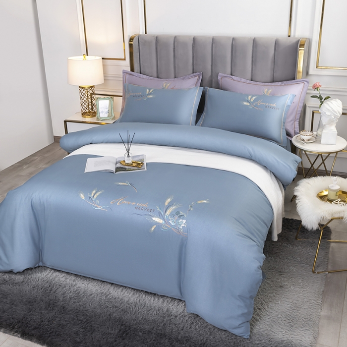 91家纺网 家纺一手货源 找家纺 U品汇 60s贡缎长绒棉刺绣全棉肌理纹绣花四件套麦穗-天空蓝