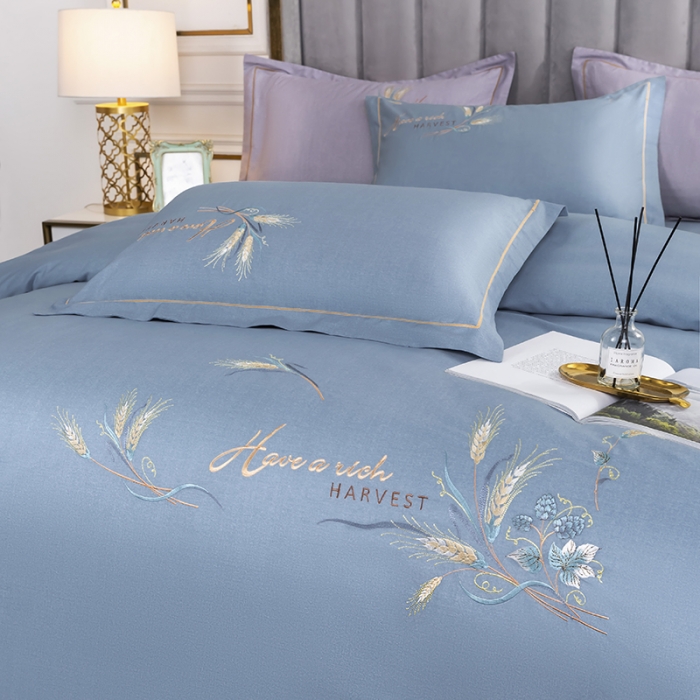 91家纺网 家纺一手货源 找家纺 U品汇 60s贡缎长绒棉刺绣全棉肌理纹绣花四件套麦穗-天空蓝