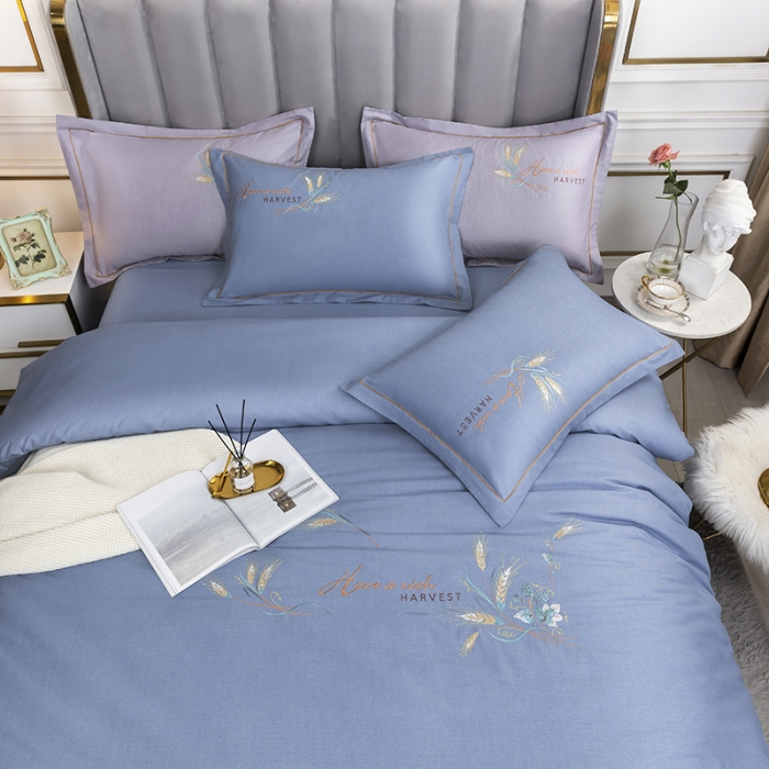 91家纺网 家纺一手货源 找家纺 U品汇 60s贡缎长绒棉刺绣全棉肌理纹绣花四件套 麦穗-普兰