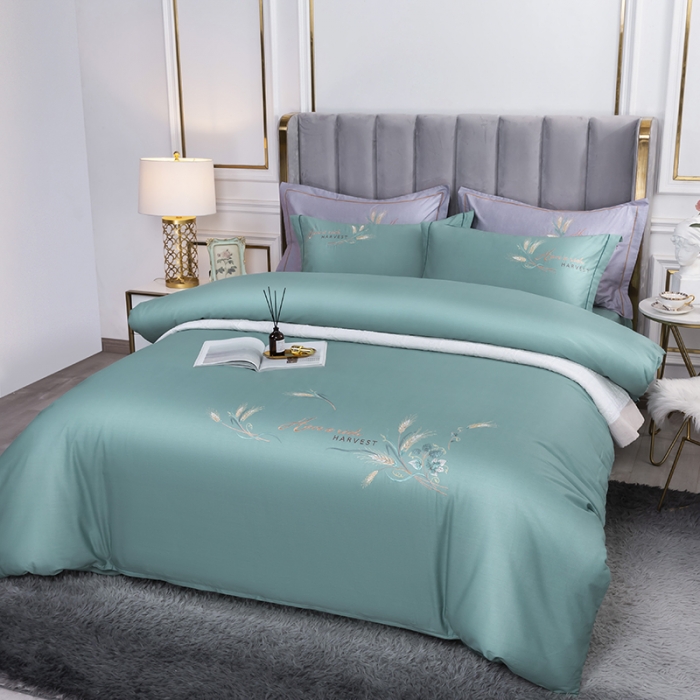 91家纺网 家纺一手货源 找家纺 U品汇 60s贡缎长绒棉刺绣全棉肌理纹绣花四件套麦穗-茵果绿