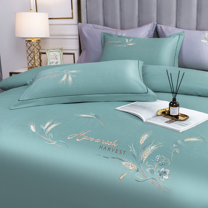 91家纺网 家纺一手货源 找家纺 U品汇 60s贡缎长绒棉刺绣全棉肌理纹绣花四件套麦穗-茵果绿