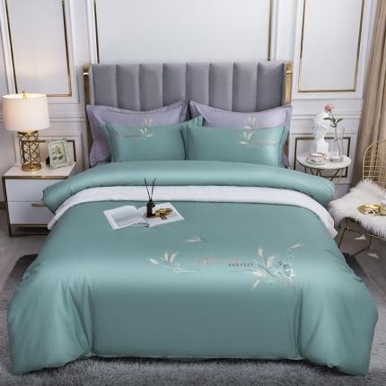 U品汇 60s贡缎长绒棉刺绣全棉肌理纹绣花四件套麦穗-茵果绿