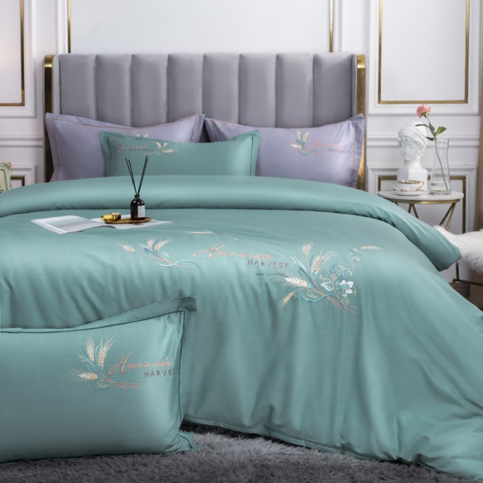 91家纺网 家纺一手货源 找家纺 U品汇 60s贡缎长绒棉刺绣全棉肌理纹绣花四件套麦穗-茵果绿