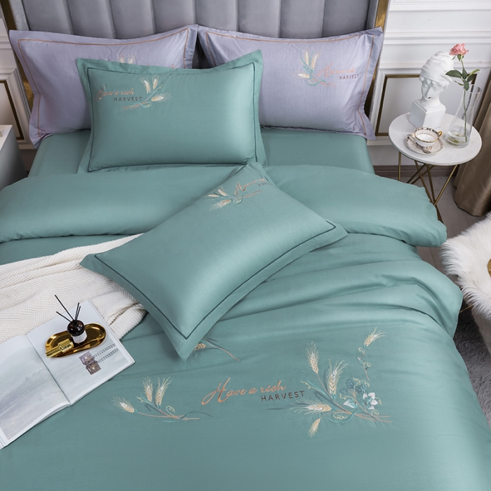 91家纺网 家纺一手货源 找家纺 U品汇 60s贡缎长绒棉刺绣全棉肌理纹绣花四件套麦穗-茵果绿