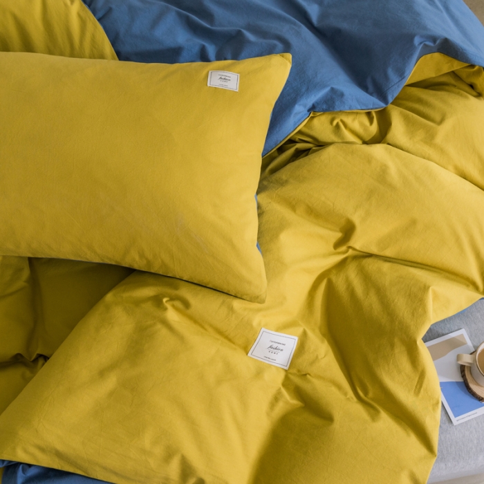 91家纺网 家纺一手货源 找家纺 雅居纺 2022新款全棉水洗棉单枕套 绅士黄+牛仔蓝一对