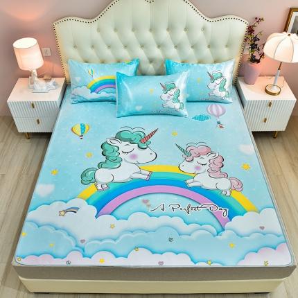 91家纺网 家纺一手货源 找家纺 同田2021新款水洗冰丝数码印花凉席三件套 彩虹独角兽