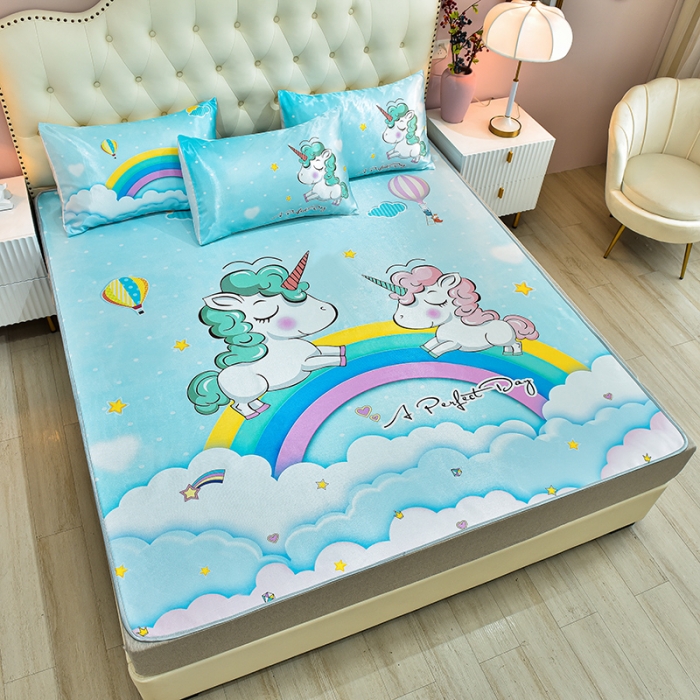 91家纺网 家纺一手货源 找家纺 同田2021新款水洗冰丝数码印花凉席三件套 彩虹独角兽