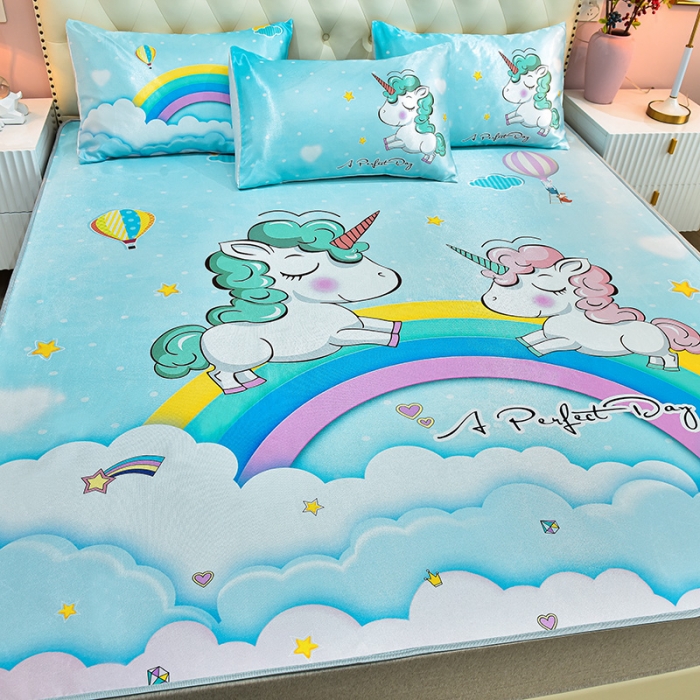 91家纺网 家纺一手货源 找家纺 同田2021新款水洗冰丝数码印花凉席三件套 彩虹独角兽