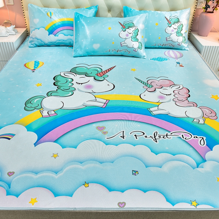 91家纺网 家纺一手货源 找家纺 同田2021新款水洗冰丝数码印花凉席三件套 彩虹独角兽