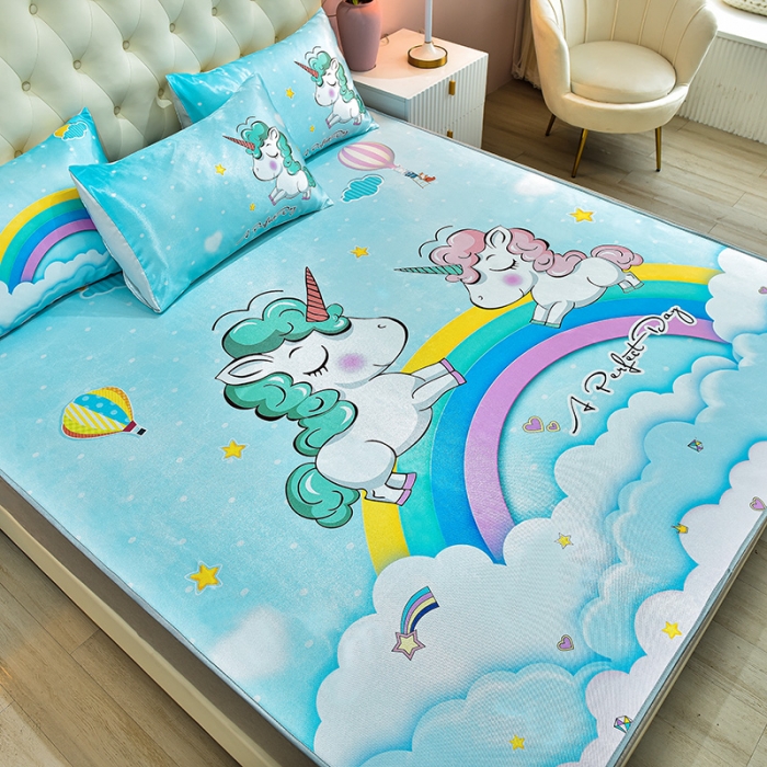 91家纺网 家纺一手货源 找家纺 同田2021新款水洗冰丝数码印花凉席三件套 彩虹独角兽