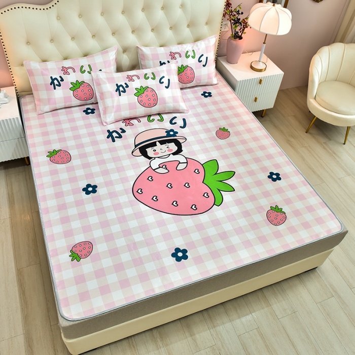 91家纺网 家纺一手货源 找家纺 同田2021新款水洗冰丝数码印花凉席三件套 草莓小女孩