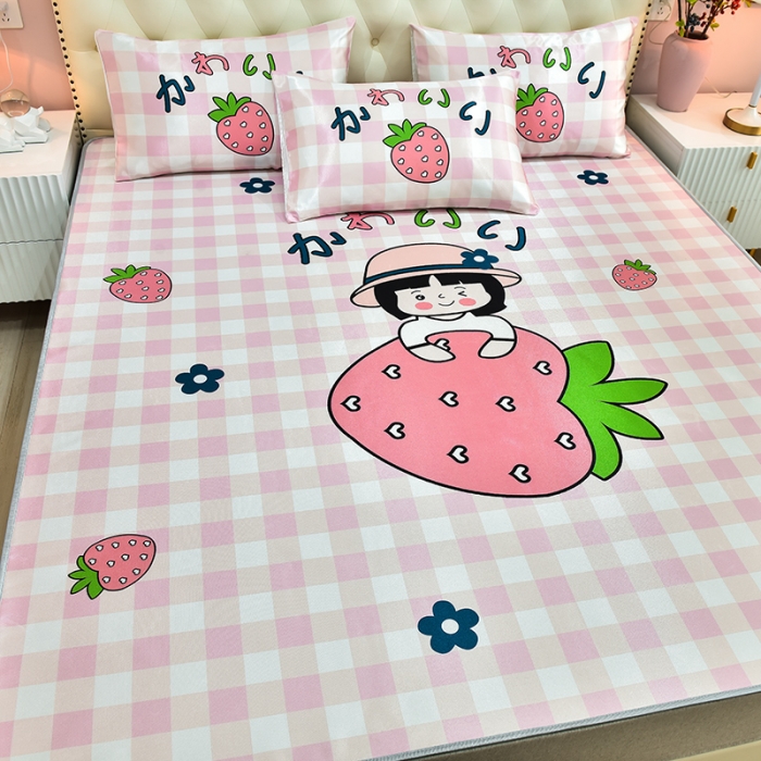 91家纺网 家纺一手货源 找家纺 同田2021新款水洗冰丝数码印花凉席三件套 草莓小女孩