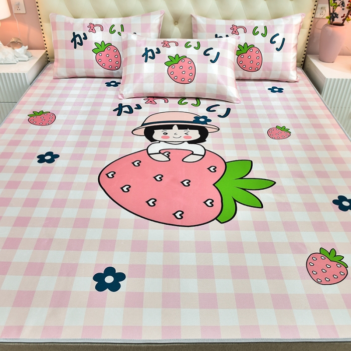 91家纺网 家纺一手货源 找家纺 同田2021新款水洗冰丝数码印花凉席三件套 草莓小女孩