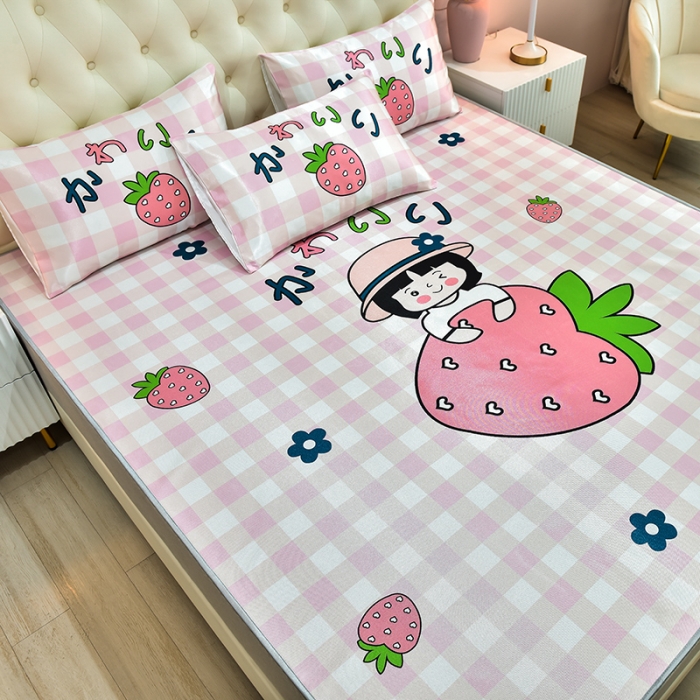 91家纺网 家纺一手货源 找家纺 同田2021新款水洗冰丝数码印花凉席三件套 草莓小女孩