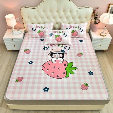 同田2021新款水洗冰丝数码印花凉席三件套 草莓小女孩
