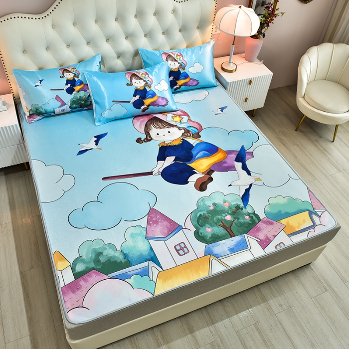 91家纺网 家纺一手货源 找家纺 同田2021新款水洗冰丝数码印花凉席三件套 飞天小魔女