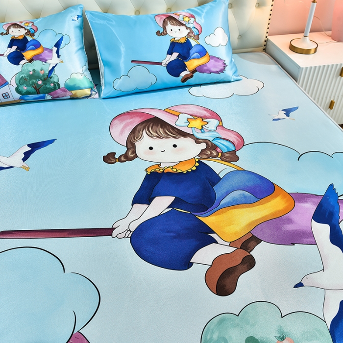 91家纺网 家纺一手货源 找家纺 同田2021新款水洗冰丝数码印花凉席三件套 飞天小魔女