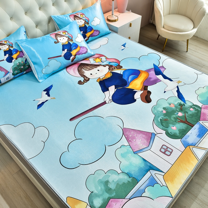 91家纺网 家纺一手货源 找家纺 同田2021新款水洗冰丝数码印花凉席三件套 飞天小魔女