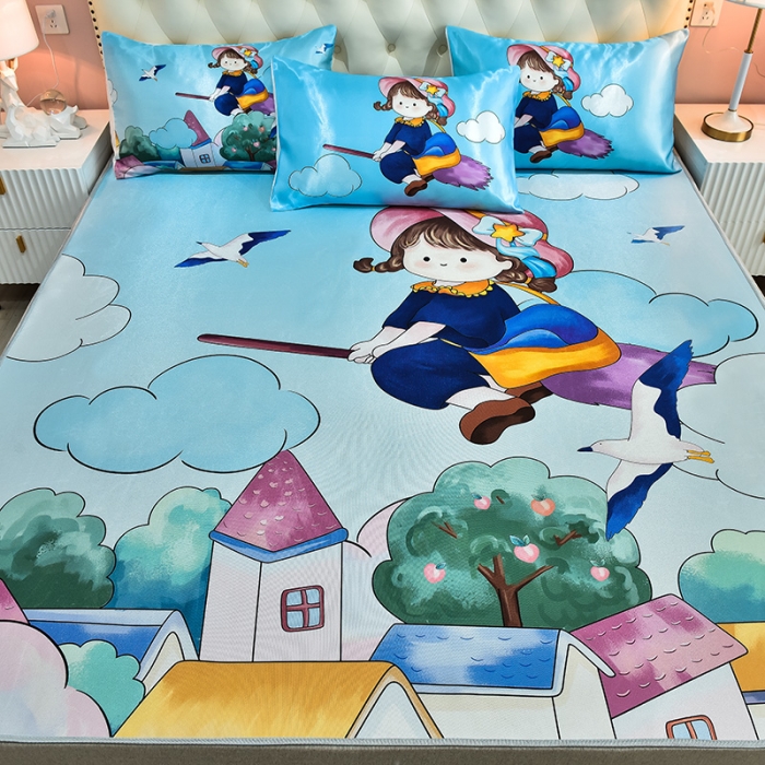 91家纺网 家纺一手货源 找家纺 同田2021新款水洗冰丝数码印花凉席三件套 飞天小魔女