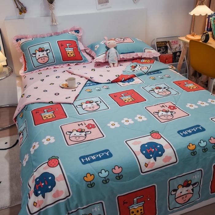 91家纺网 家纺一手货源 找家纺 仟网汇 2021新款全棉夏被四件套 半糖主义-绿