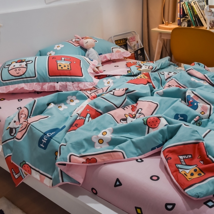 91家纺网 家纺一手货源 找家纺 仟网汇 2021新款全棉夏被四件套 半糖主义-绿