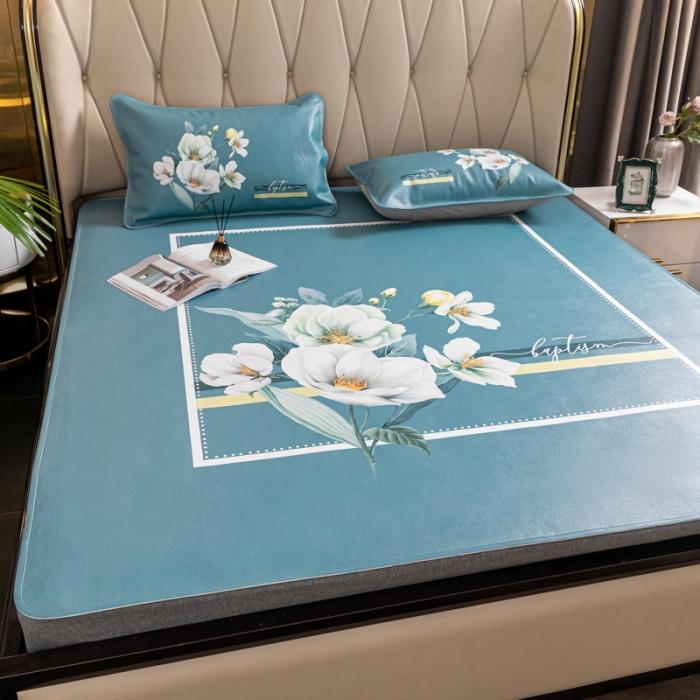 91家纺网 家纺一手货源 找家纺 彩绘头层牛皮凉席三件套 如花美眷-深绿