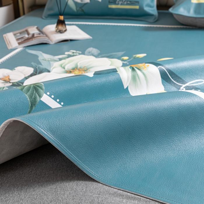 91家纺网 家纺一手货源 找家纺 彩绘头层牛皮凉席三件套 如花美眷-深绿