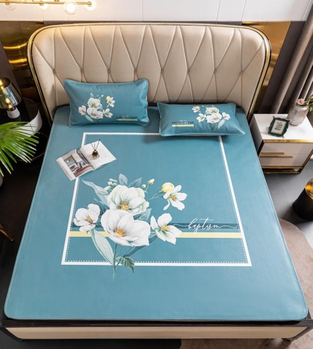 91家纺网 家纺一手货源 找家纺 彩绘头层牛皮凉席三件套 如花美眷-深绿