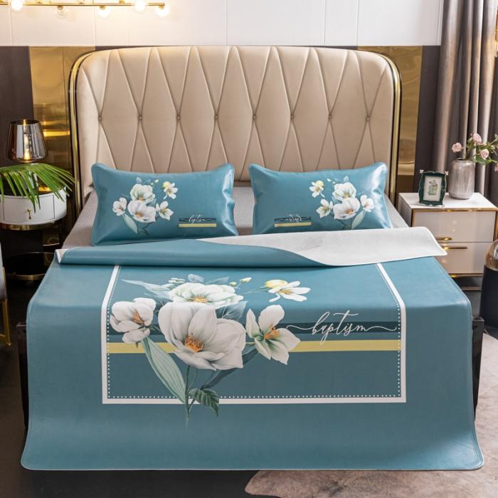 91家纺网 家纺一手货源 找家纺 彩绘头层牛皮凉席三件套 如花美眷-深绿