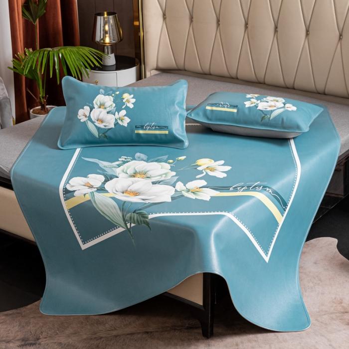 91家纺网 家纺一手货源 找家纺 彩绘头层牛皮凉席三件套 如花美眷-深绿